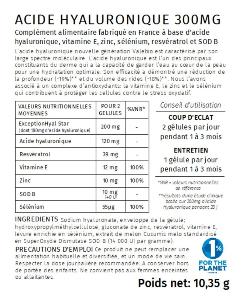 Acide hyaluronique - Repulpant & Hydratant - Valebio - Cure de 30 jours