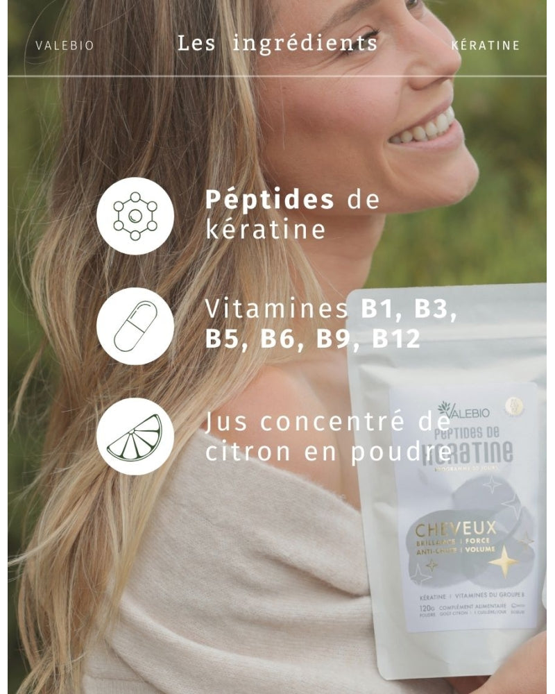 Peptides de Kératine -  Brillance, volume & anti-chute Cheveux - Valebio - 1 mois